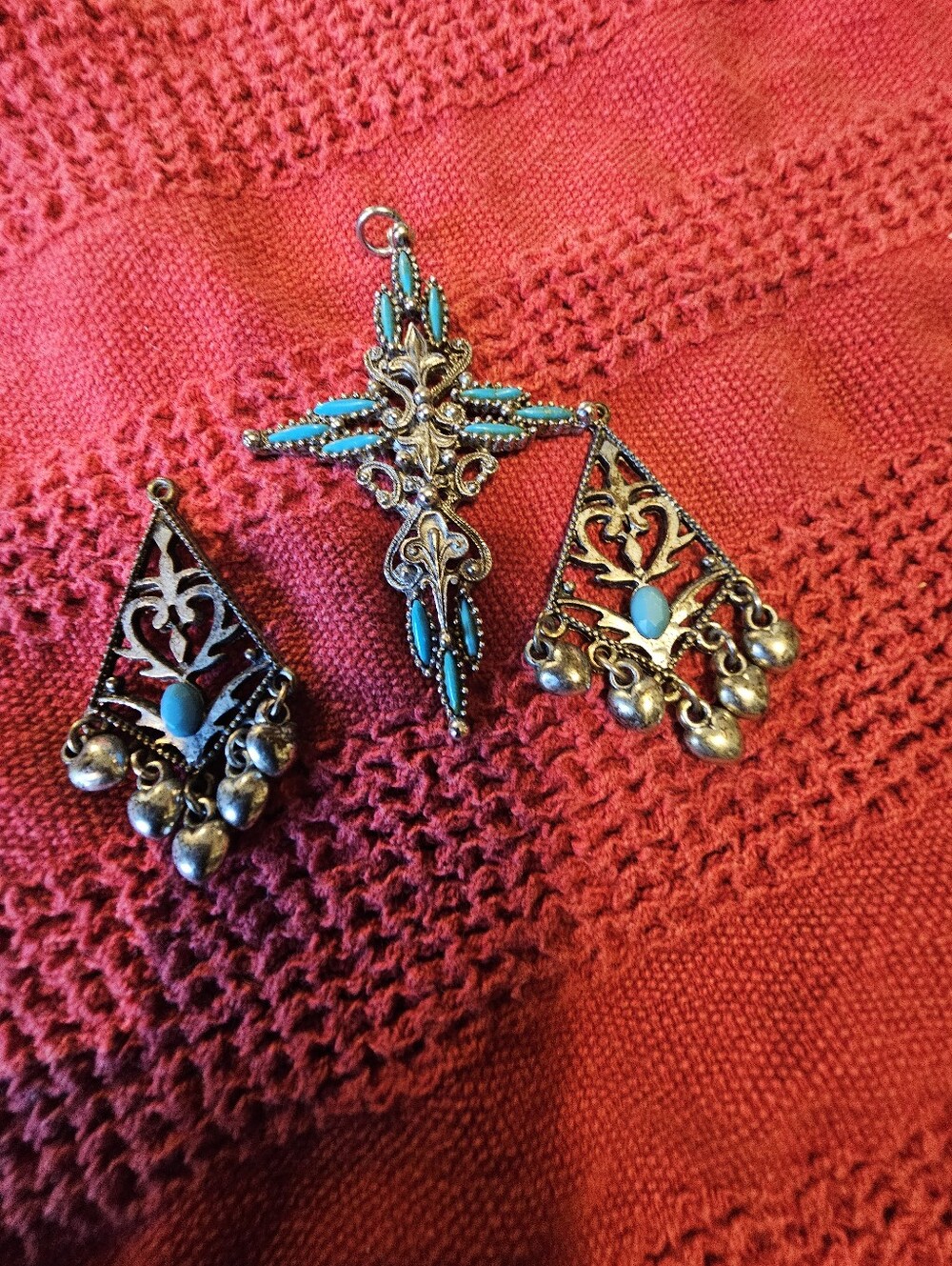 Silver And Turqouise Cross Pendant With Earrings
